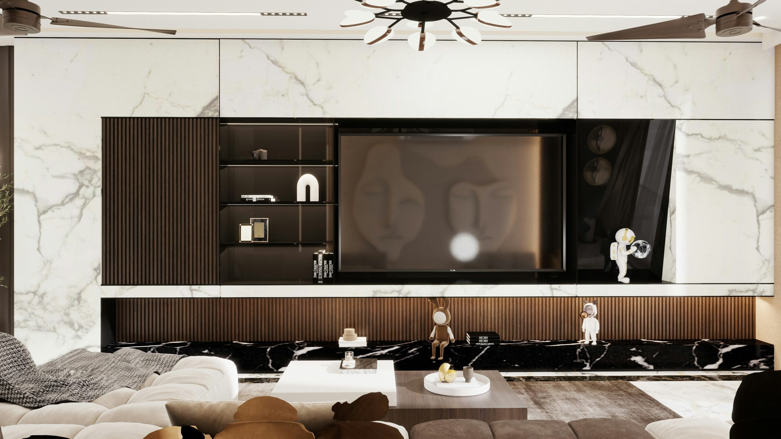 Soundbar and large television in a modern living room set up for watching live sports
