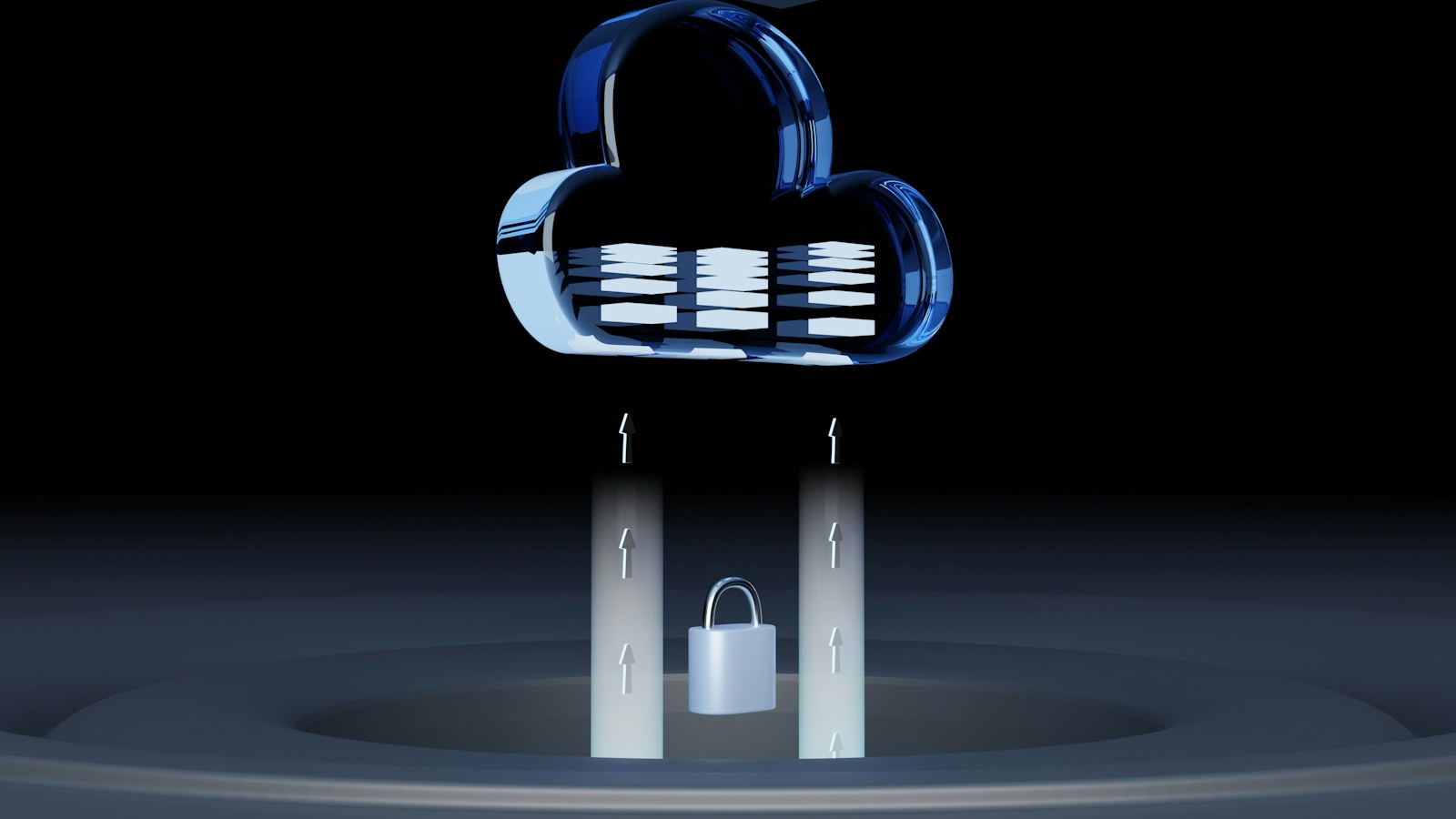 Cloud security concept with a padlock representing protection of software and data