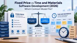 Illustration comparing fixed-price and time-and-materials software development contracts, showing scope certainty, budget control and delivery flexibility.