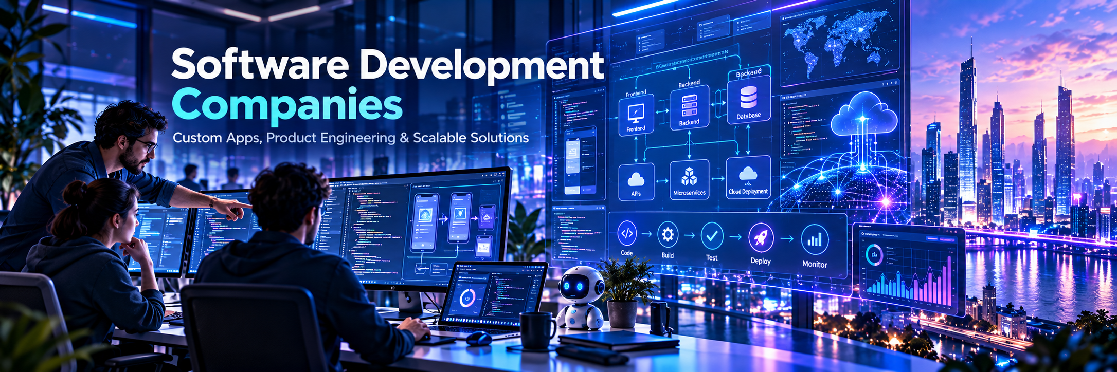 Software development team collaborating in a futuristic workspace with coding screens, cloud architecture diagrams, and a smart city skyline.