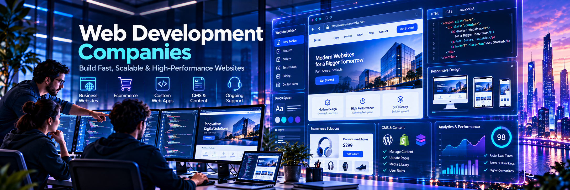 Developers building and testing responsive business websites with code editors, CMS tools, ecommerce interfaces, and performance analytics