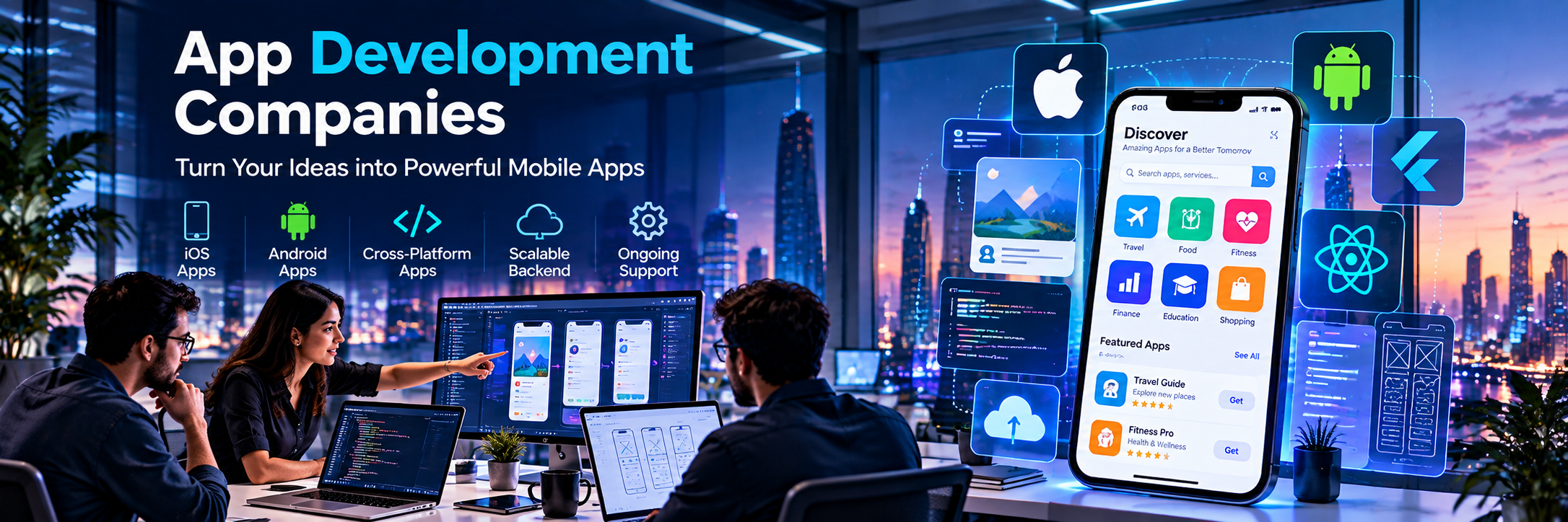 Developers designing and coding mobile applications beside a large smartphone interface, with iOS, Android, Flutter and React symbols in a modern technology wor