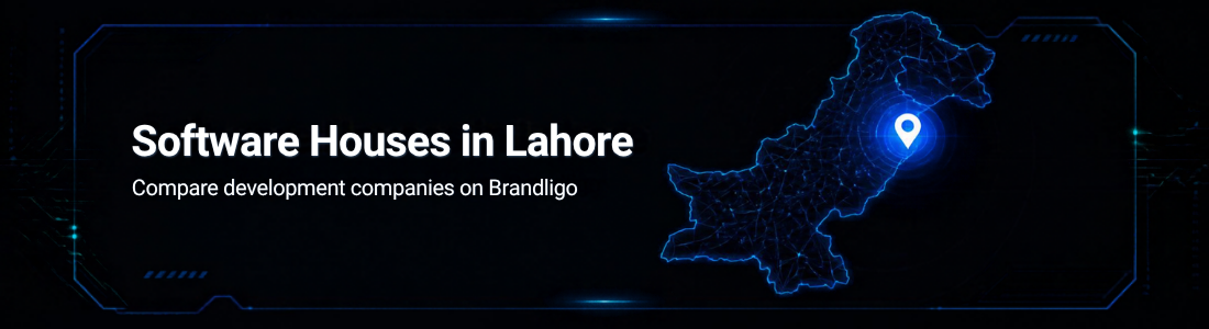 Software houses in Lahore banner with a connected map of Pakistan and Lahore pinned