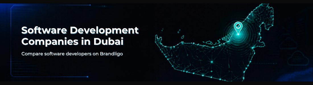 Software development companies in Dubai banner with a connected map of the UAE and Dubai pinned