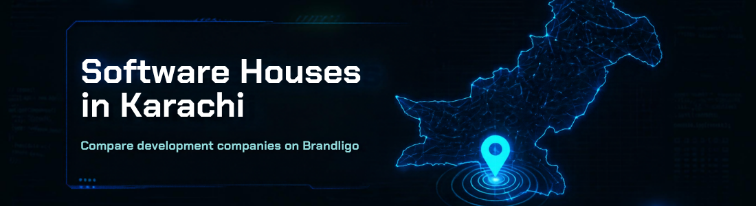 Software houses in Karachi banner with a connected map of Pakistan and Karachi pinned
