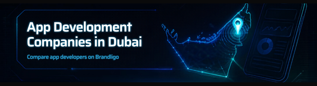 App development companies in Dubai banner with a connected map of the UAE and a smartphone outline